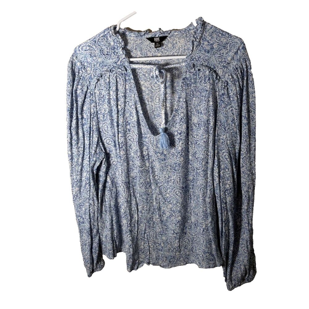 Frye Blouse Women's XL Blue Floral V-Neck Long Sleeve Boho Casual Top Shirt